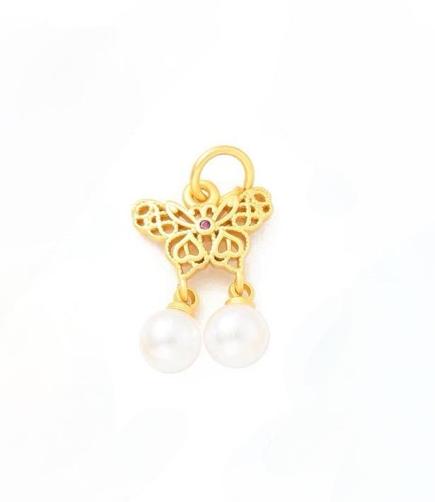 Butterfly and Pearl Charm, Satin 18k Gold Plated, Pink Cubic Zirconia - ST609