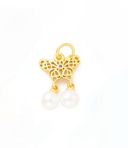 Butterfly and Pearl Charm, Satin 18k Gold Plated, Pink Cubic Zirconia - ST609