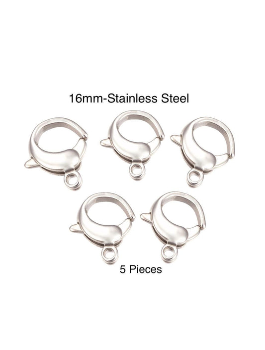 16mm- 5 Lobster Claw Clasps, Stainless Steel - SS066