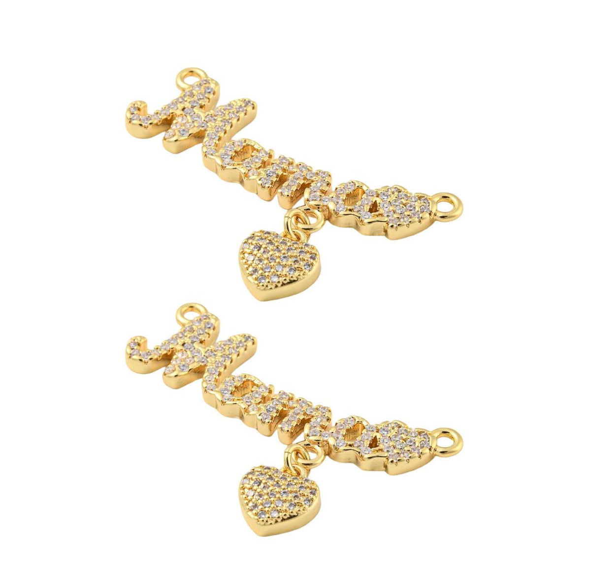 'Mama' Micro Pave Word Charm with Hanging Heart, Shiny 18k Gold Plated - SY037