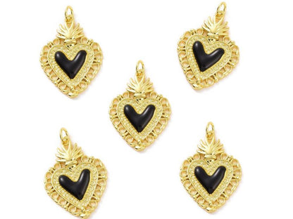 Black Enamel Heart Pendant, Shiny 18k Gold Plated - SY031