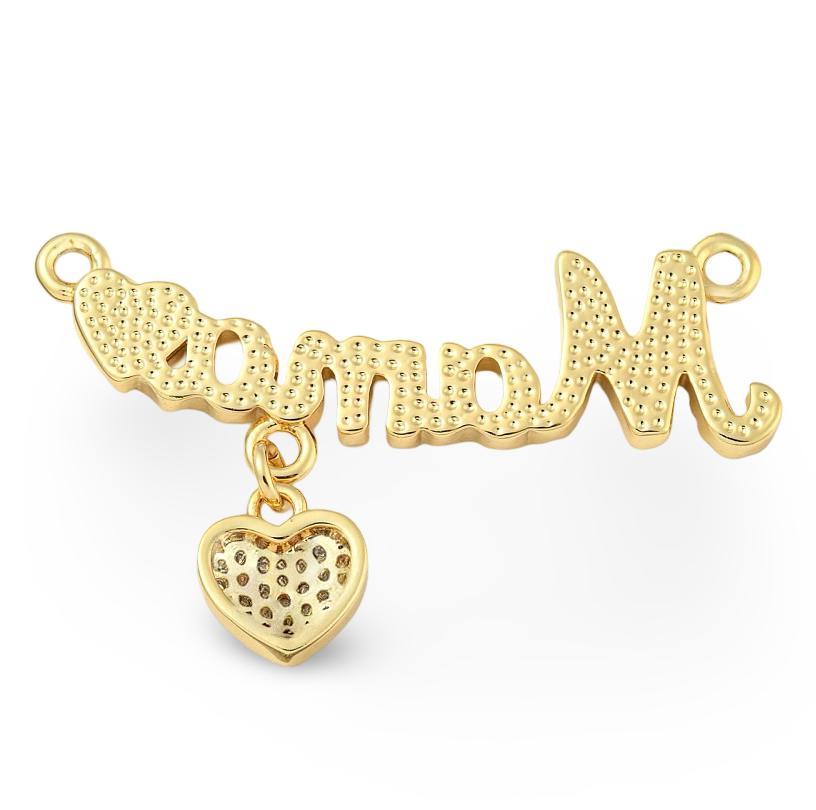 'Mama' Micro Pave Word Charm with Hanging Heart, Shiny 18k Gold Plated - SY037