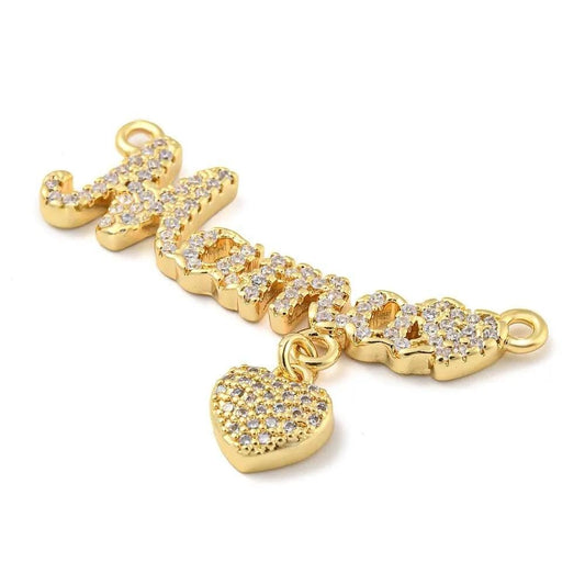 'Mama' Micro Pave Word Charm with Hanging Heart, Shiny 18k Gold Plated - SY037