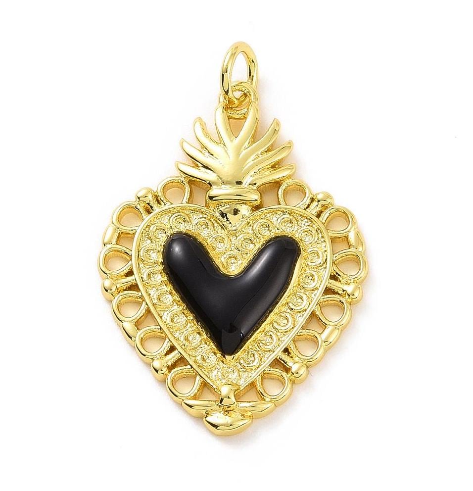 Black Enamel Heart Pendant, Shiny 18k Gold Plated - SY031