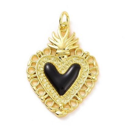 Black Enamel Heart Pendant, Shiny 18k Gold Plated - SY031