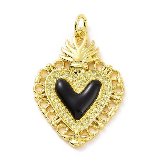 Black Enamel Heart Pendant, Shiny 18k Gold Plated - SY031