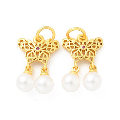 Butterfly and Pearl Charm, Satin 18k Gold Plated, Pink Cubic Zirconia - ST609