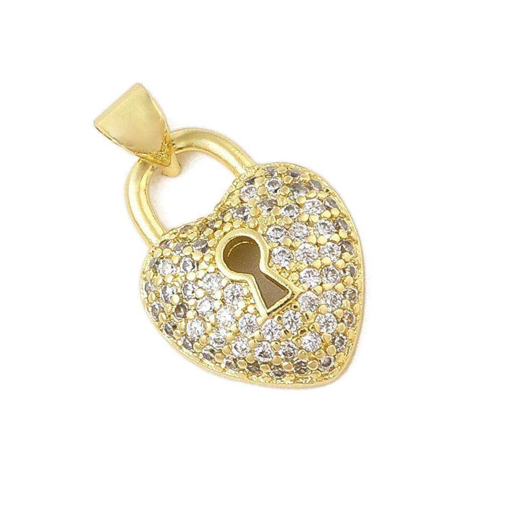 Dainty Micro Pave Heart Lock Small Pendant, Shiny 18k Gold Plated - SY064