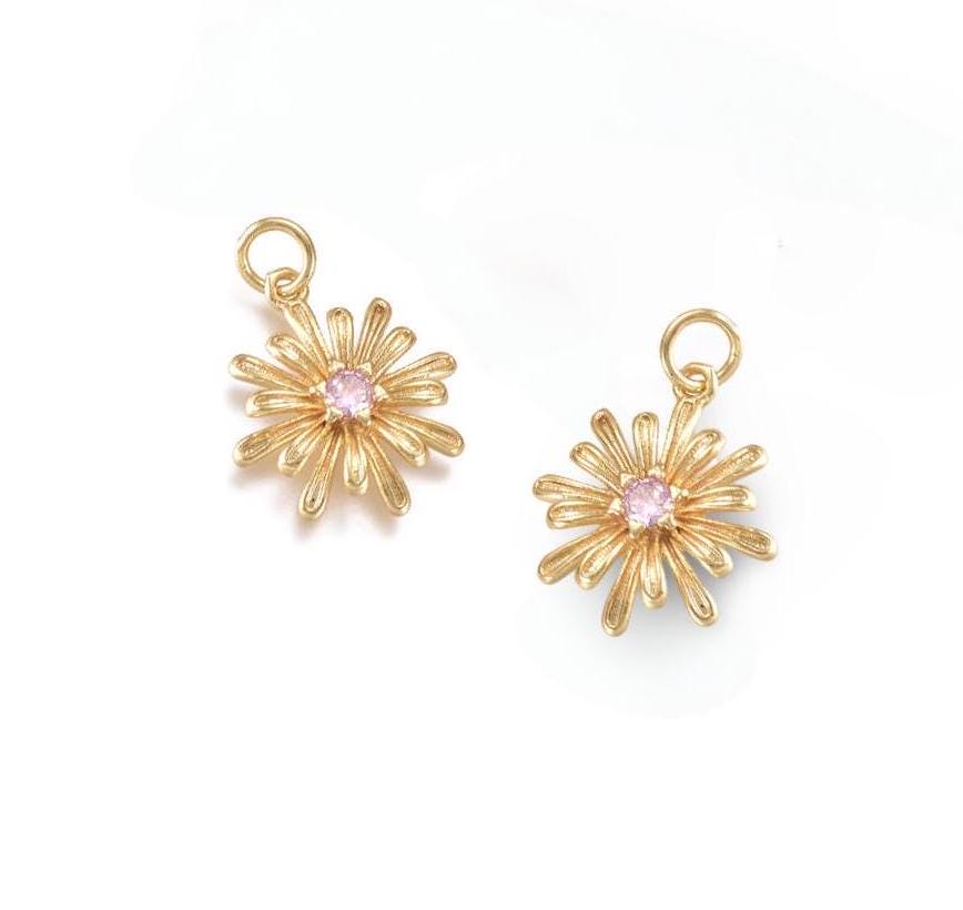 Flower Charm with Color Cubic Zirconia, Shiny 18k Gold Plated - SY047