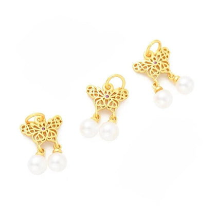 Butterfly and Pearl Charm, Satin 18k Gold Plated, Pink Cubic Zirconia - ST609
