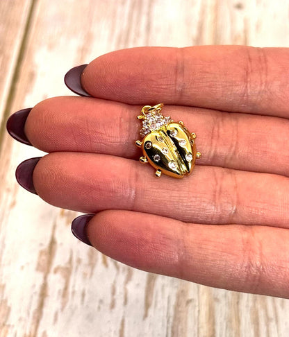 Pink Micro Pave Ladybug Charm, Shiny 18k Gold Plated - SY015