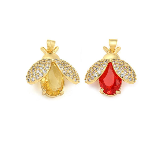 Cubic Zirconia Ladybug Charm, Red or Yellow, Shiny 18k Gold Plated