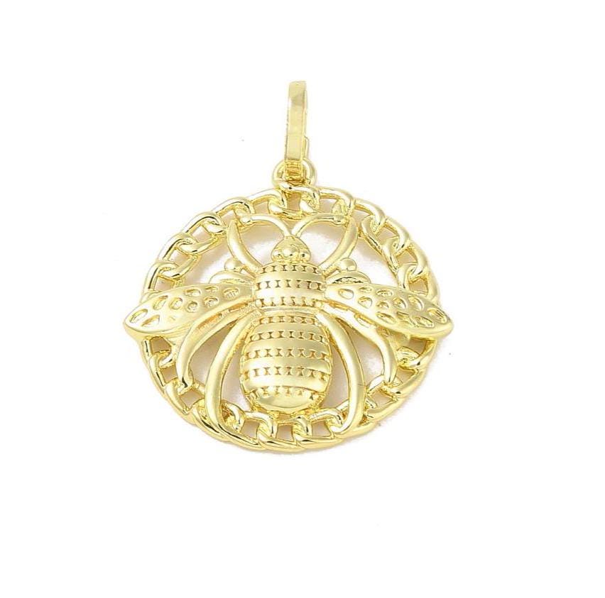 Large Round Bee Charm, Shiny 18k Gold Plated - SY026
