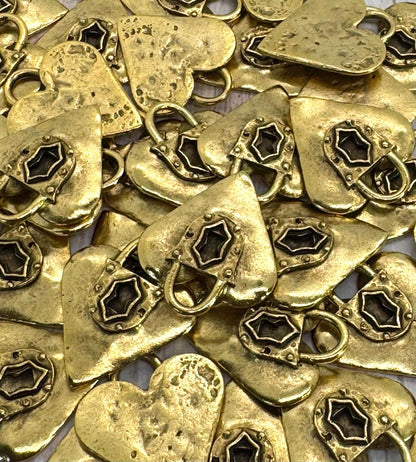 Grand Breloque Cœur Cadenas, Plaqué Or Vieilli - AG024