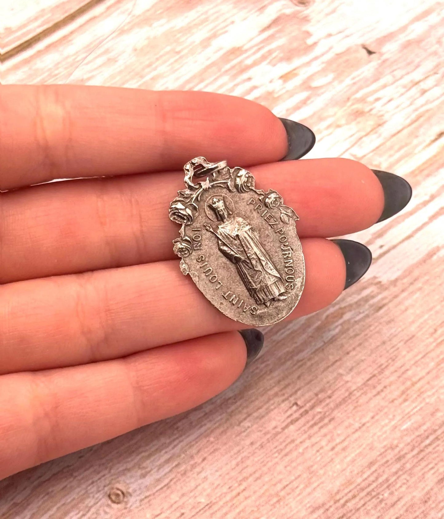 Double-Sided Mary and Saint Louis-Roi Medal, Antiqued Pewter - PT386