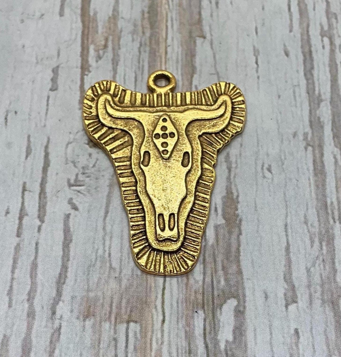 Breloque tête de vache Texas Longhorn, plaqué or 18 carats vieilli - AG036