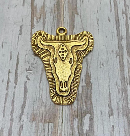 Breloque tête de vache Texas Longhorn, plaqué or 18 carats vieilli - AG036