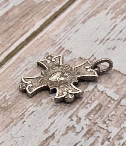 Sacred Heart Cross Charm, Antiqued Pewter - PT399
