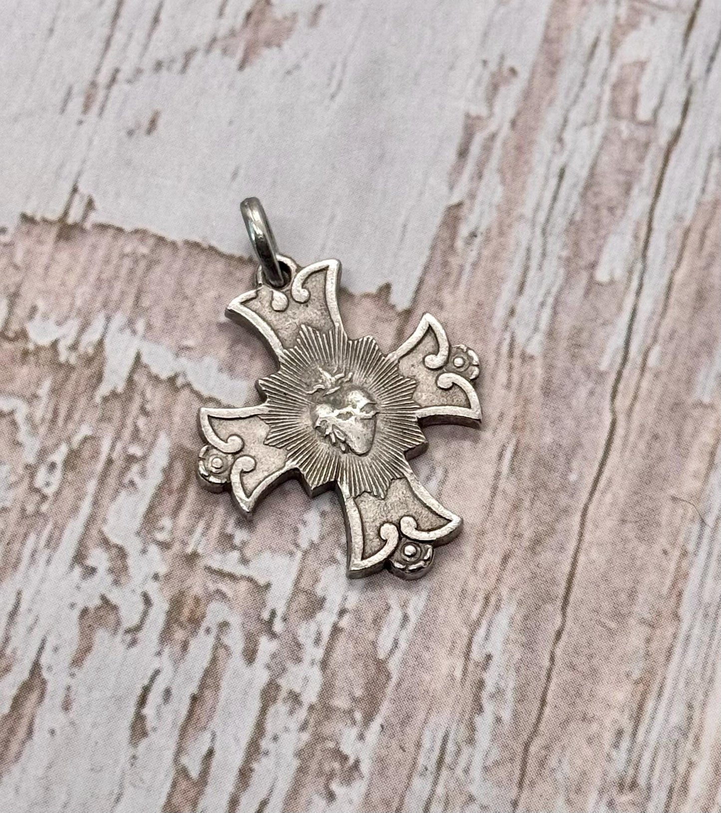 Sacred Heart Cross Charm, Antiqued Pewter - PT399