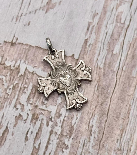 Sacred Heart Cross Charm, Antiqued Pewter - PT399