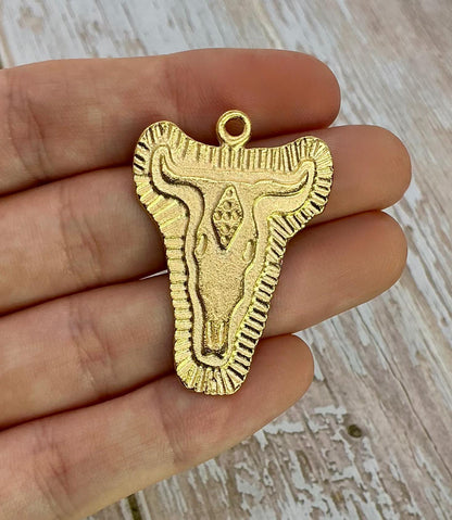 Longhorn Cow Skull Charm, Satin 18k Gold Plated- ST216