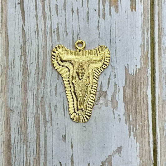 Longhorn Cow Skull Charm, Satin 18k Gold Plated- ST216