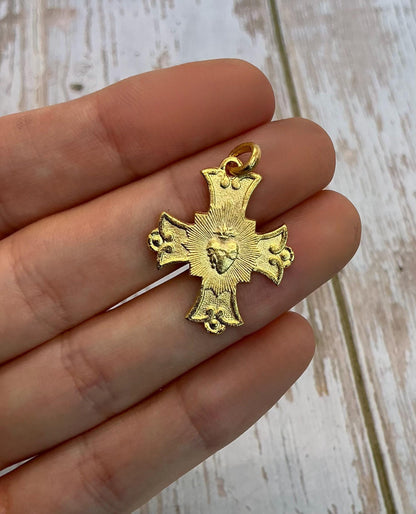 Sacred Heart Cross Charm, Satin 18K Gold Plated - ST219