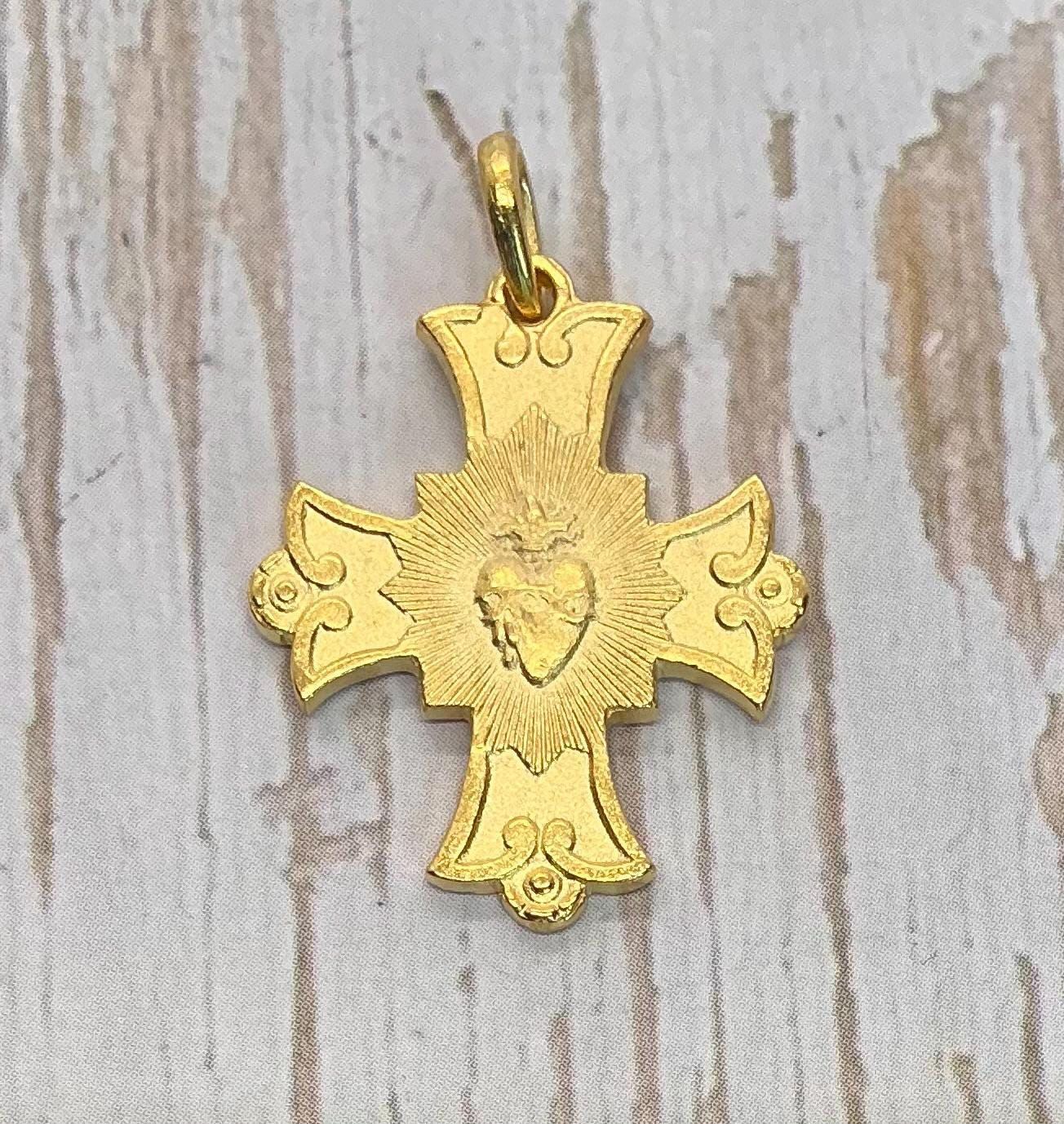 Sacred Heart Cross Charm, Satin 18K Gold Plated - ST219