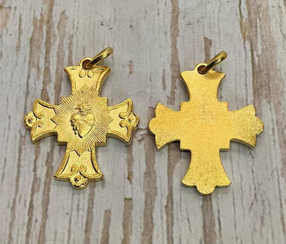 Sacred Heart Cross Charm, Satin 18K Gold Plated - ST219