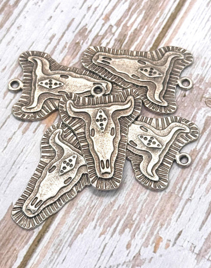 Pendentif Crâne de Vache Texas Longhorn, Étain Vieilli - PT396