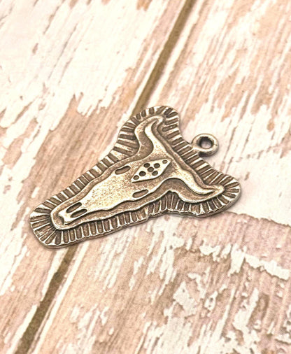 Pendentif Crâne de Vache Texas Longhorn, Étain Vieilli - PT396