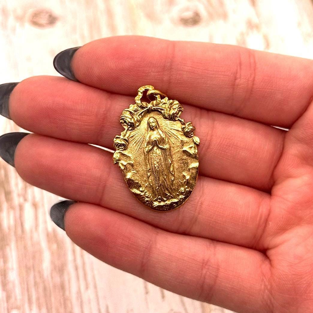 Double-Sided Virgin Mary Medal, Antiqued 18K Gold Plated - AG026
