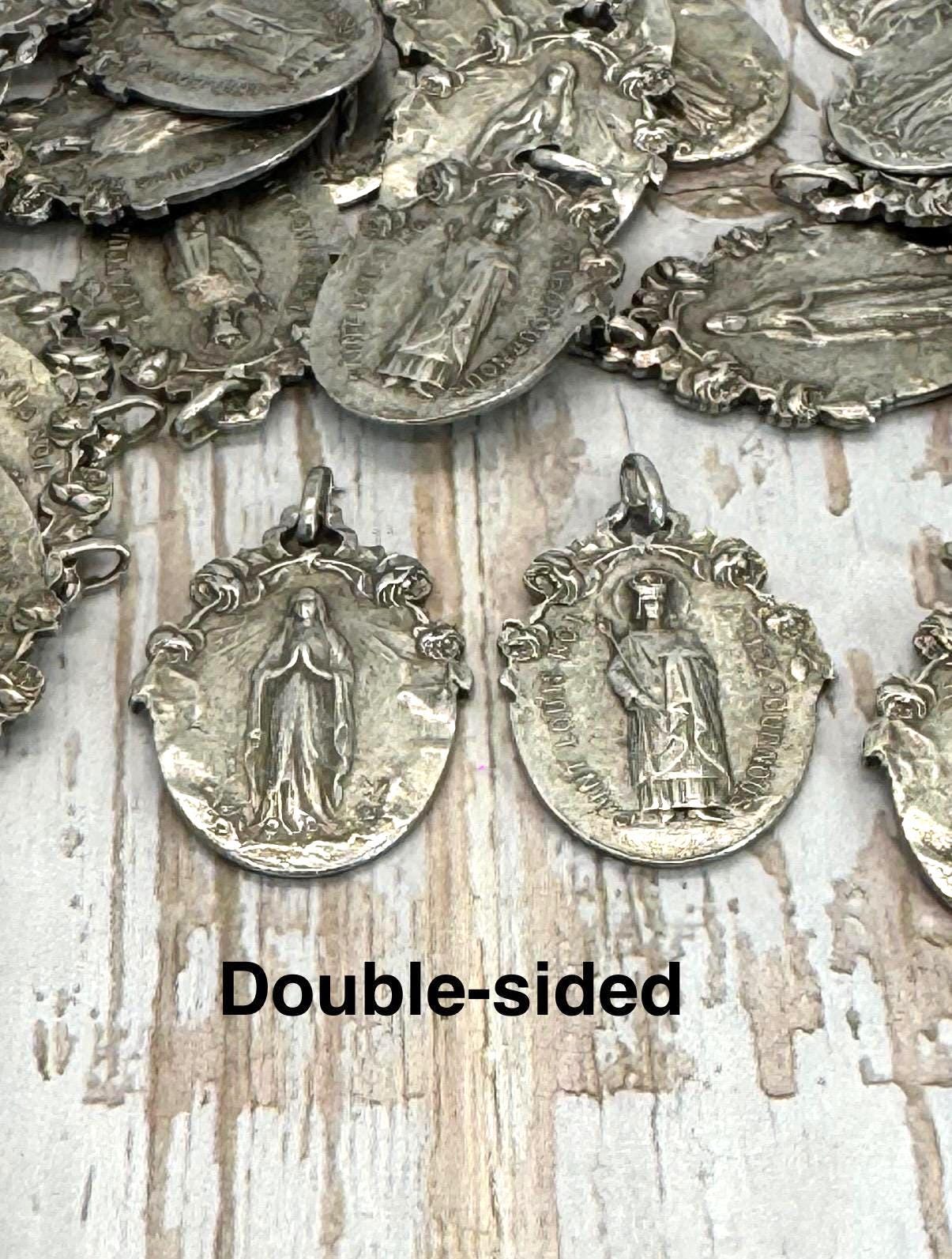 Double-Sided Mary and Saint Louis-Roi Medal, Antiqued Pewter - PT386