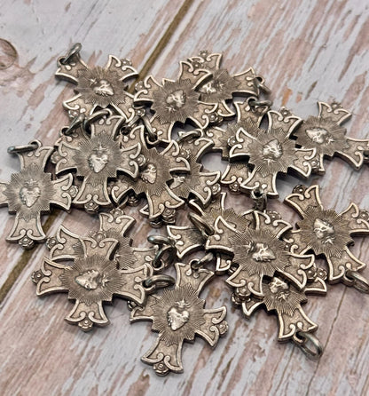Sacred Heart Cross Charm, Antiqued Pewter - PT399