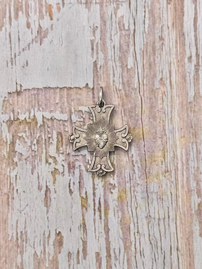 Sacred Heart Cross Charm, Antiqued Pewter - PT399
