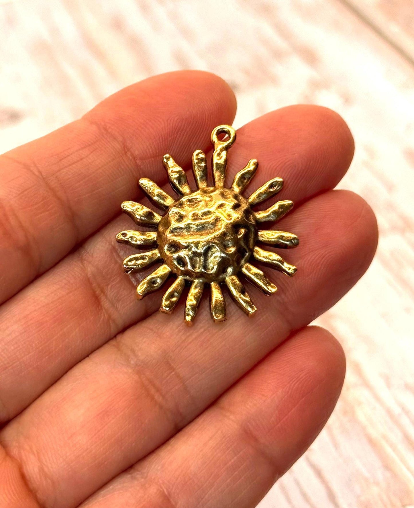 Hammered Sun Pendant, Antiqued 18k Gold Plated - AG001