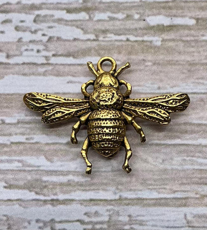 Breloque double face Abeille Reine, plaqué or 18 carats vieilli - AG586