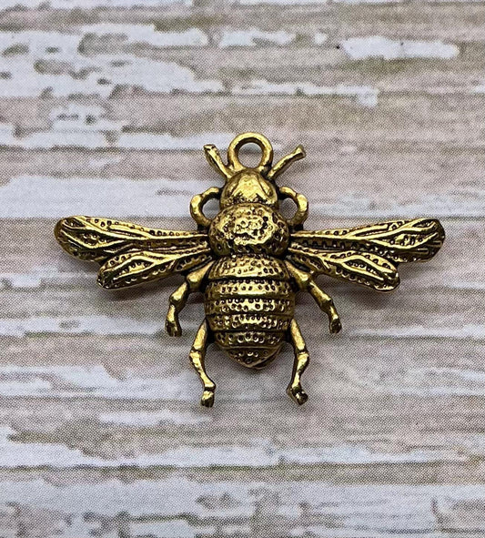 Double-sided Queen Bee Charm, Antiqued 18k Gold Plated - AG586