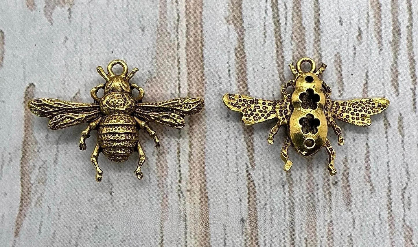 Breloque double face Abeille Reine, plaqué or 18 carats vieilli - AG586