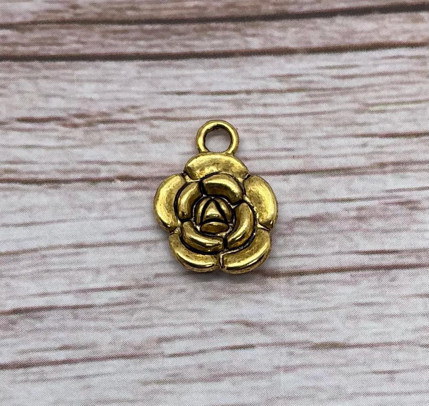 Small Flower Dangle Charm, Antiqued 18k Gold Plated - AG585