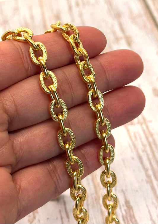 Large Textured Oval Cable Chain, Satin 18k Gold Plated - S080-CH