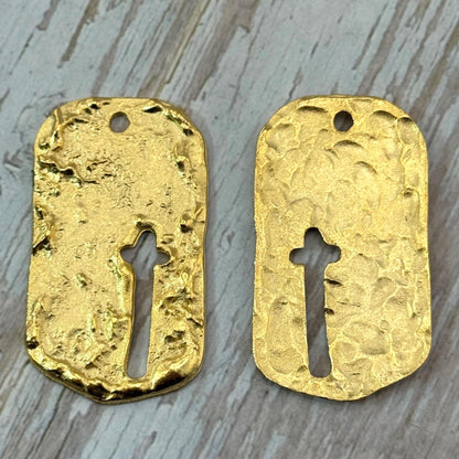 Cross Dog Tag Charm, Satin 18k Gold Plated - ST335