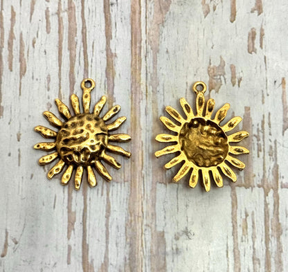 Hammered Sun Pendant, Antiqued 18k Gold Plated - AG001