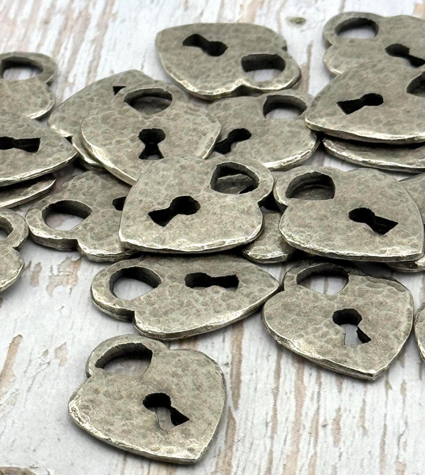 Hammered Padlock Heart Charm, Antiqued Pewter - PT472