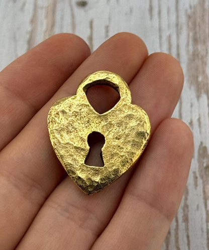 Hammered Padlock Heart Charm, Antiqued 18K Gold Plated - AG112