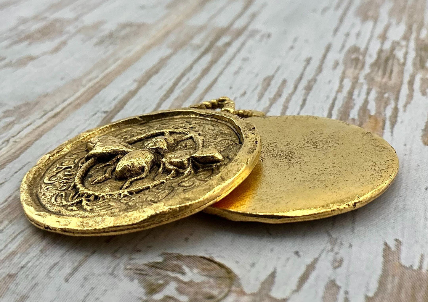 Hammered Round Bee Pendant, Antiqued 18k Gold Plated - AG089