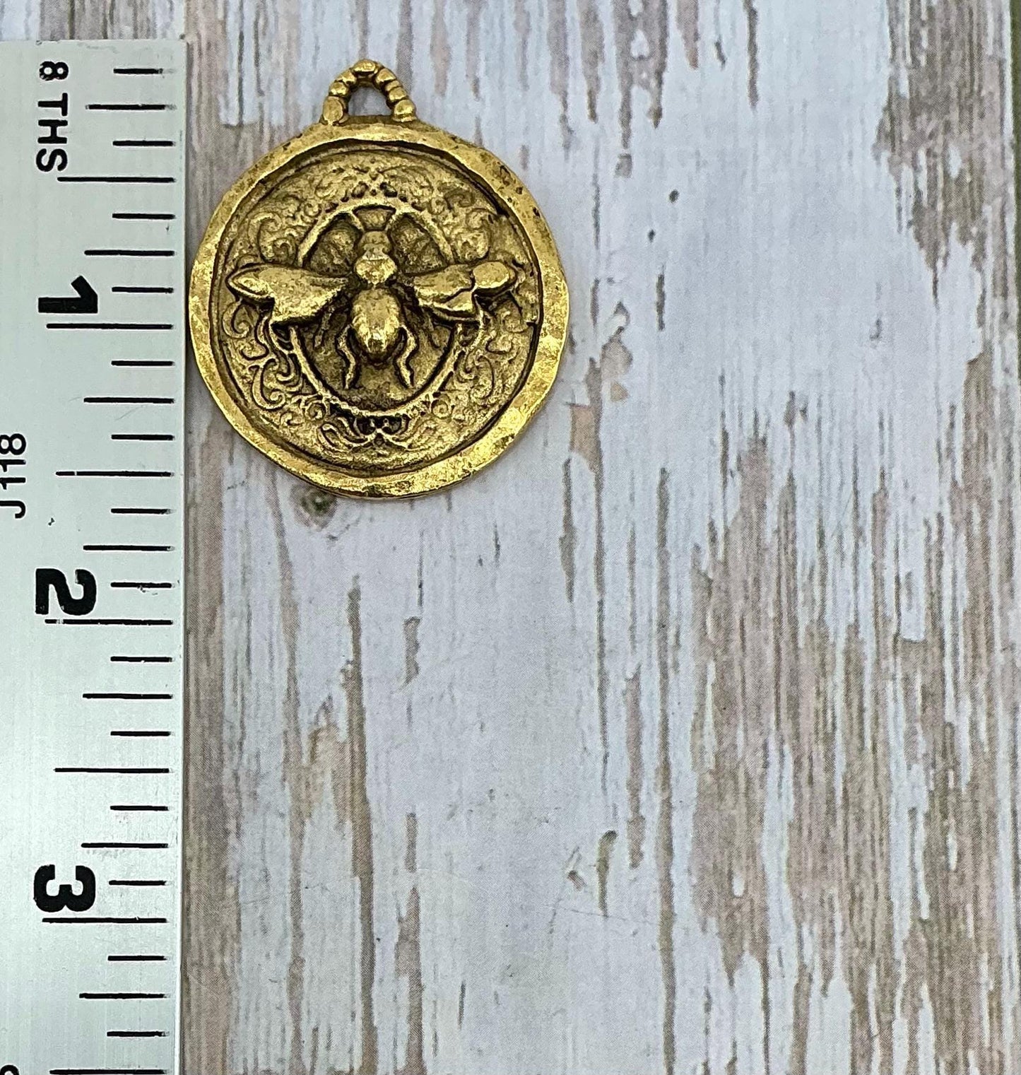 Hammered Round Bee Pendant, Antiqued 18k Gold Plated - AG089