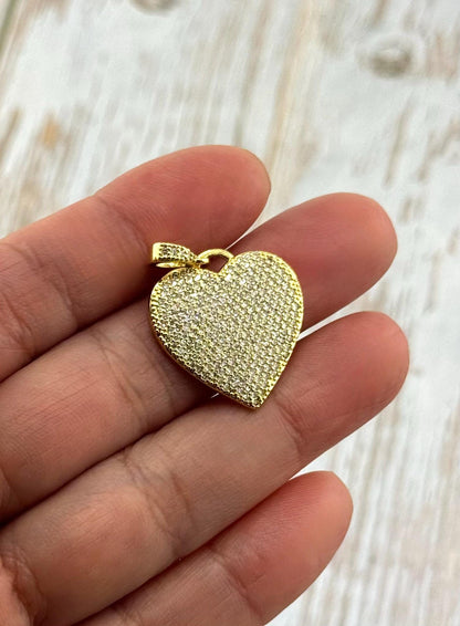 Heart Pendant, 18k Gold Plated Micro Pave Clear Cubic Zirconia Charm - SS068