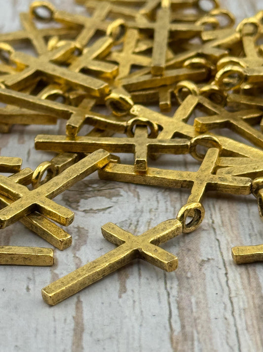 Hammered Cross Charm, Antiqued 18k Gold Plated - AG102