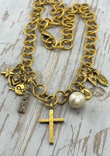 Hammered Cross Charm, Antiqued 18k Gold Plated - AG102